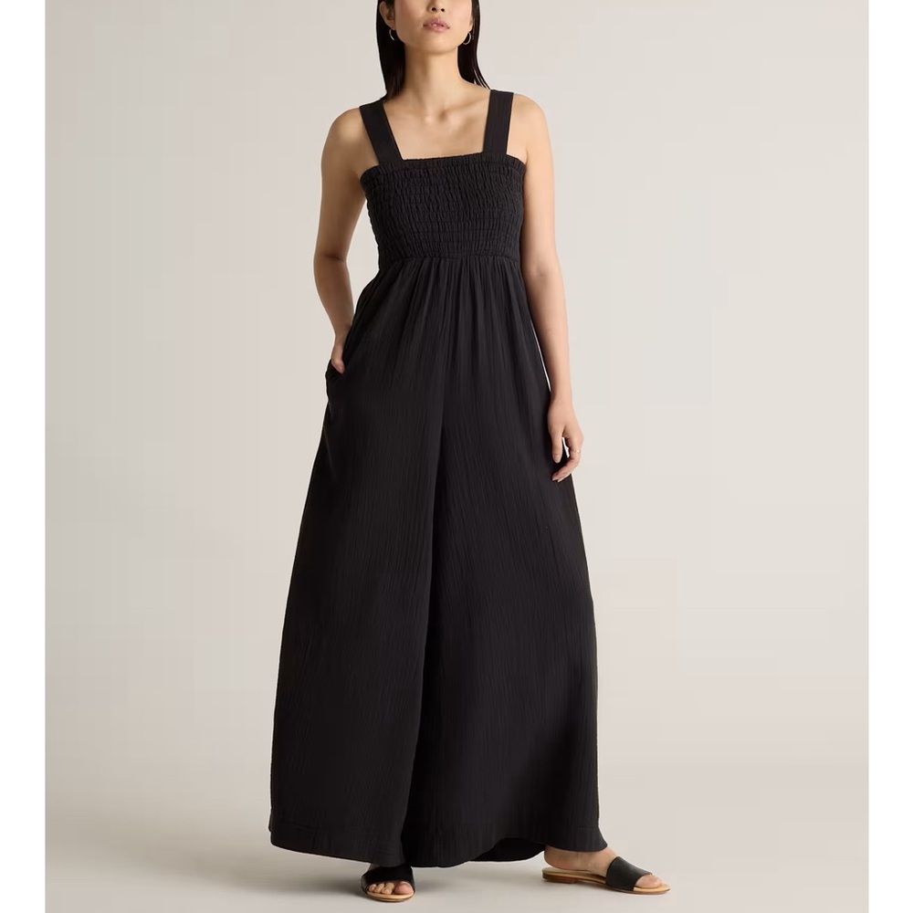 QUINCE 100% Organic Cotton Gauze Smocked Wide Leg Jumpsuit Black